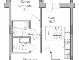1-комнатная квартира, 42.3 м2