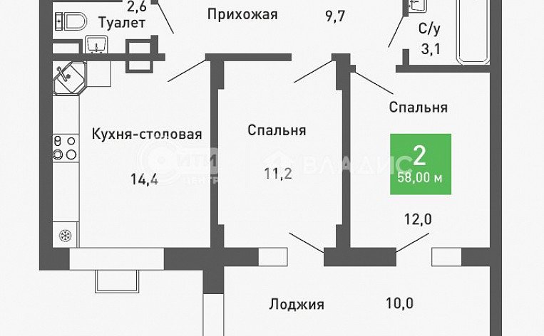 2-комнатная квартира, 57.9 м2, эт. 9, id: 1072156, фото 8