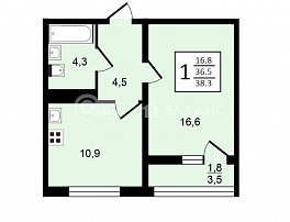 1-комнатная квартира, 38.3 м2