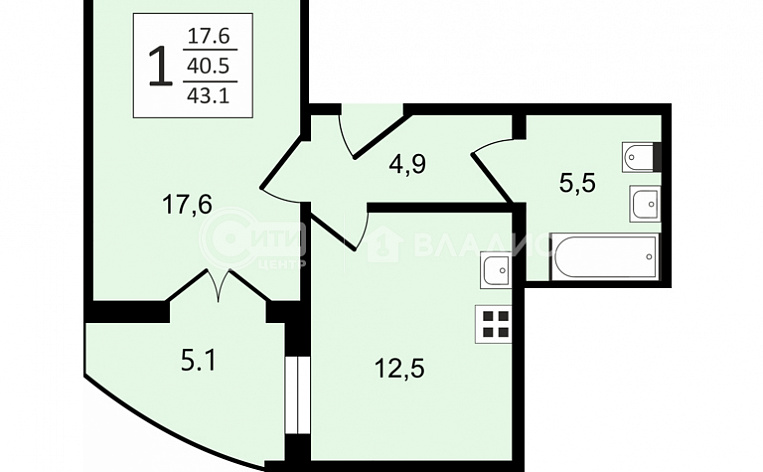 1-комнатная квартира, 43.1 м2, эт. 8, id: 915443, фото 14