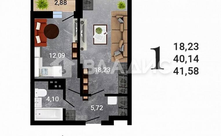 1-Комнатная квартира 42.00м², эт. 11, фото 5