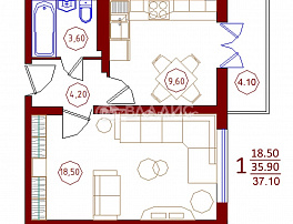 1-комнатная квартира, 37.1 м2