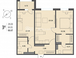 2-комнатная квартира, 66.62 м2