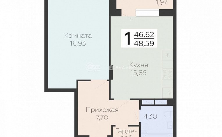 1-комнатная квартира, 48.59 м2, эт. 9, id: 1084548, фото 18