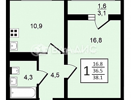 1-комнатная квартира, 38.1 м2