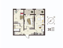 2-комнатная квартира, 54.24 м2