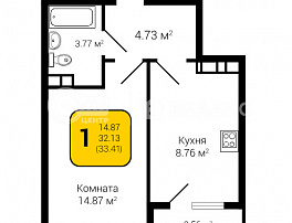 1-комнатная квартира, 33.41 м2