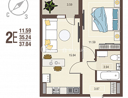 1-комнатная квартира, 37.04 м2