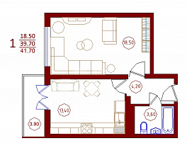 1-комнатная квартира, 41.7 м2