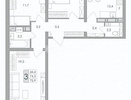 3-комнатная квартира, 75.9 м2