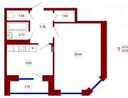 1-комнатная квартира, 43.5 м2