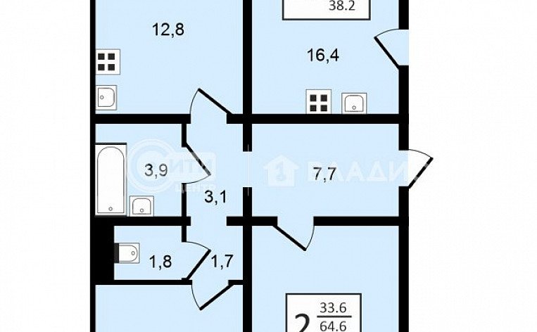 2-комнатная квартира, 68.2 м2, эт. 16, id: 969780, фото 18