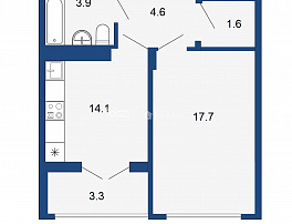1-комнатная квартира, 43.6 м2