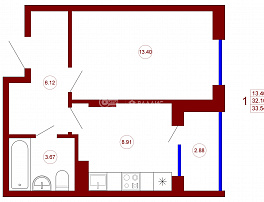 1-комнатная квартира, 33.54 м2