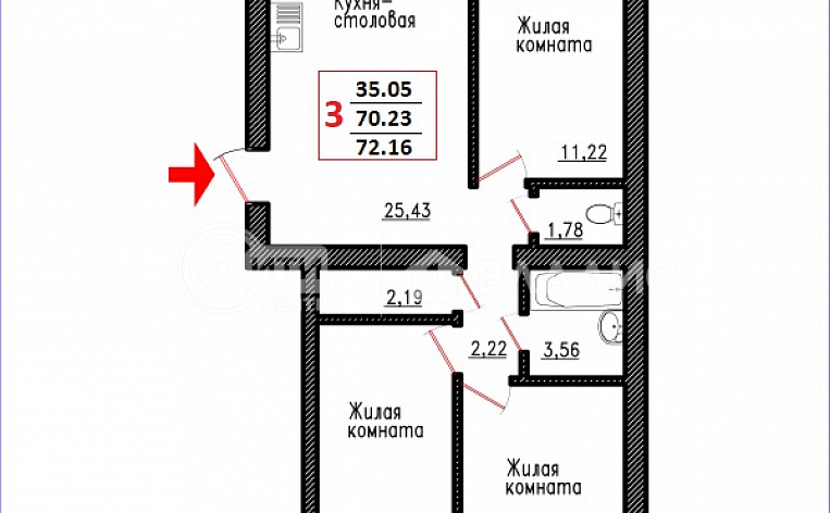 3-комнатная квартира, 72.16 м2, эт. 3, id: 735488, фото 2