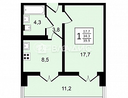 1-комнатная квартира, 39.8 м2