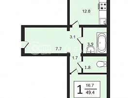 1-комнатная квартира, 49.5 м2