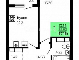 1-комнатная квартира, 37.18 м2