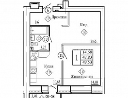 1-комнатная квартира, 49.53 м2