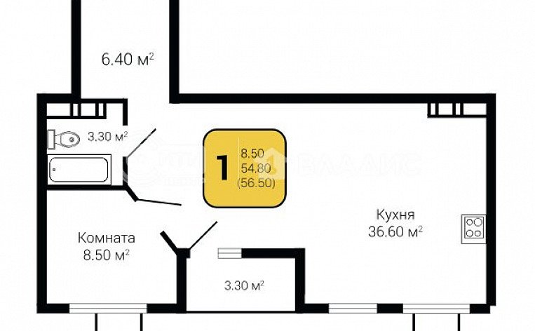1-комнатная квартира, 56.5 м2, эт. 15, id: 979062, фото 13