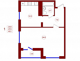 1-комнатная квартира, 49.3 м2