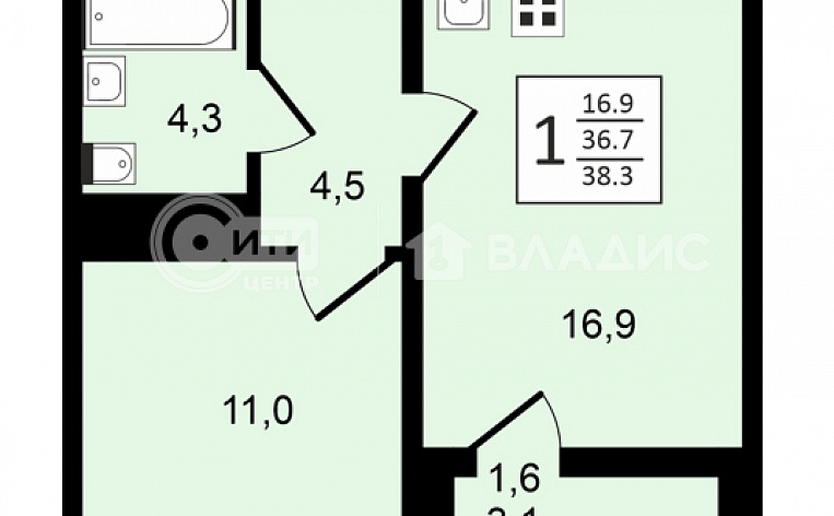 1-комнатная квартира, 38.3 м2, эт. 7, id: 948134, фото 8