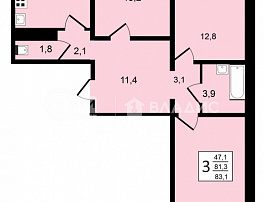 3-комнатная квартира, 83.1 м2