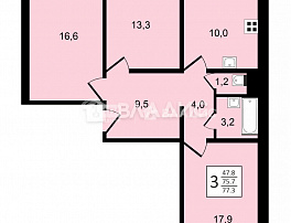 3-комнатная квартира, 77.3 м2