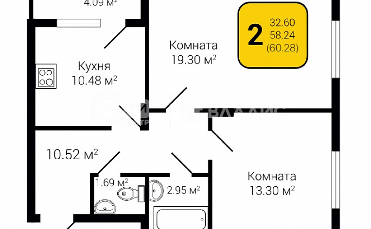 2-комнатная квартира, 60.28 м2, эт. 3, id: 860480, фото 6