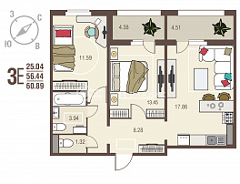 2-комнатная квартира, 60.89 м2