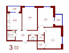 3-комнатная квартира, 72.5 м2