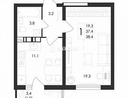 1-комнатная квартира, 38.4 м2