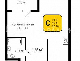 1-комнатная квартира, 30.79 м2