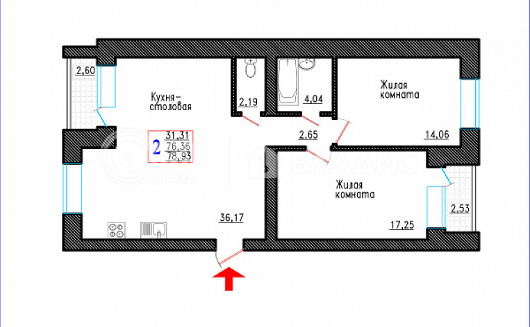 1-комнатная квартира, 81.49 м2, эт. 1, id: 815401, фото 3