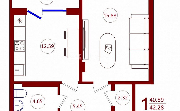 1-комнатная квартира, 42.28 м2, эт. 2, id: 753166, фото 4