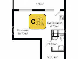 1-комнатная квартира, 34.29 м2