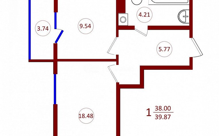 1-комнатная квартира, 39.87 м2, эт. 6, id: 753316, фото 7