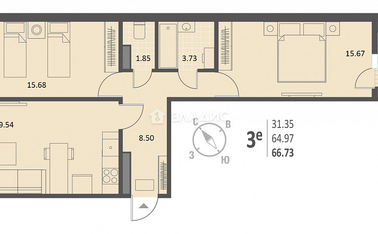 2-Комнатная квартира 66.73м², эт. 6, фото 24