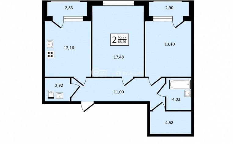 2-комнатная квартира, 68.26 м2, эт. 2, id: 753195, фото 4