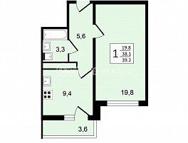 1-комнатная квартира, 39.2 м2