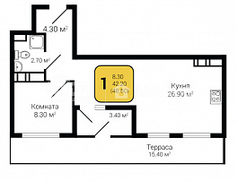 1-комнатная квартира, 48.5 м2