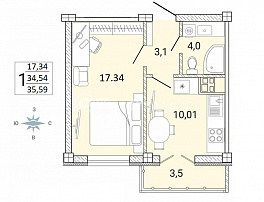 1-комнатная квартира, 35.59 м2