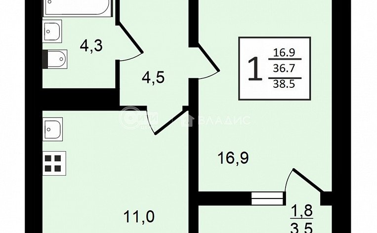 1-комнатная квартира, 38.5 м2, эт. 19, id: 1065968, фото 27
