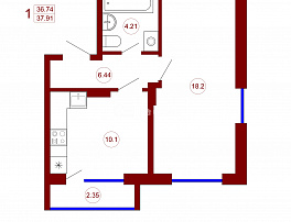 1-комнатная квартира, 37.91 м2