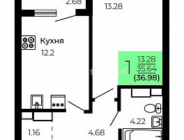1-комнатная квартира, 36.98 м2