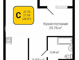 1-комнатная квартира, 28.97 м2