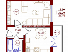 1-комнатная квартира, 37.1 м2