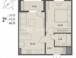 1-комнатная квартира, 44.75 м2