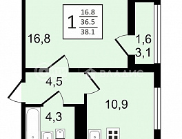 1-комнатная квартира, 38.1 м2