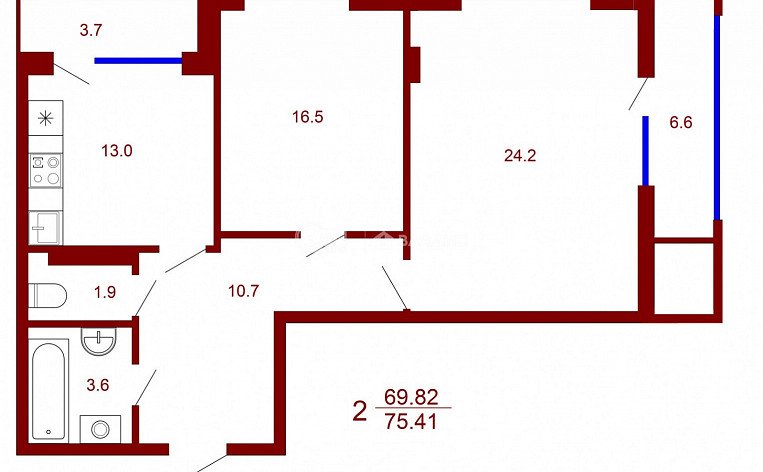 2-комнатная квартира, 75.41 м2, эт. 3, id: 721623, фото 6